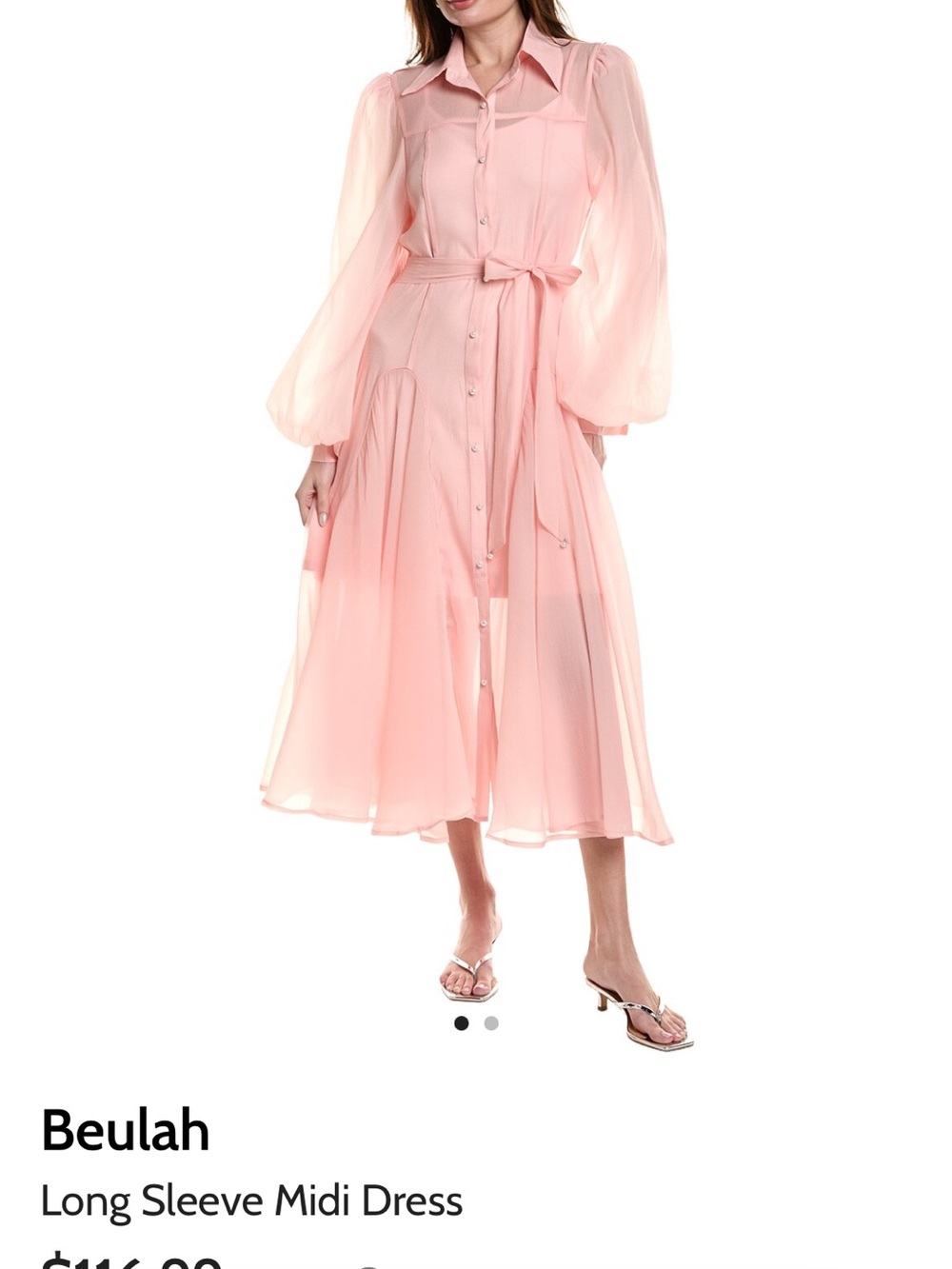 Beulah Sheer Pink Button-Front Midi Dress with Tie Waist